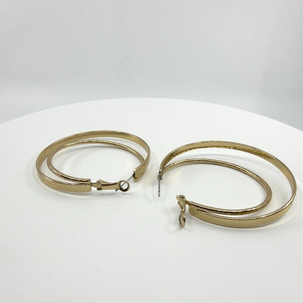 Gold Tone Double Hoop Textured Metal Earrings - Chic Statement Accessory